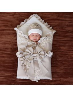 BABY AROOSA - Gold Cotton Floral Swaddle With Beanie & Bow (0-6 Months)