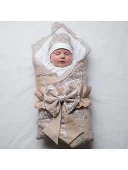 BABY AROOSA - Gold Cotton Embroidered Swaddle With Beanie & Bow (0-6 Months)