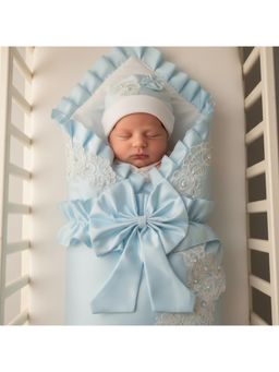 BABY AROOSA - Blue Cotton Floral Swaddle With Beanie & Bow (0-6 Months)
