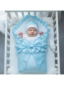 BABY AROOSA - Blue Cotton Solid Swaddle With Beanie & Bow (0-6 Months)