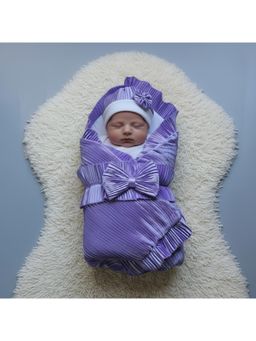 BABY AROOSA - Purple Cotton Solid Swaddle With Beanie & Bow (0-6 Months)