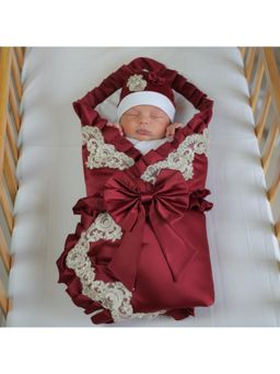 BABY AROOSA - Maroon Cotton Floral Swaddle With Beanie & Bow (0-6 Months)