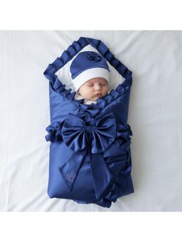 BABY AROOSA - Blue Cotton Solid Swaddle With Beanie & Bow (0-6 Months)