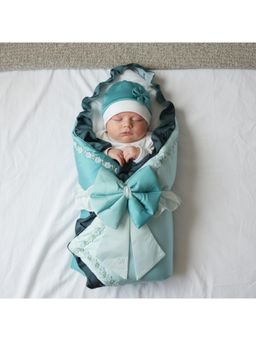 BABY AROOSA - Green Cotton Solid Swaddle With Beanie & Bow (0-6 Months)