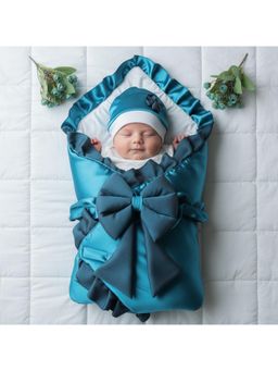 BABY AROOSA - Teal Cotton Solid Swaddle With Beanie & Bow (0-6 Months)