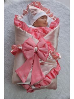 BABY AROOSA - Peach Cotton Solid Swaddle With Beanie & Bow (0-6 Months)