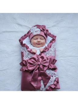 BABY AROOSA - Mauve Cotton Solid Swaddle With Beanie & Bow (0-6 Months)