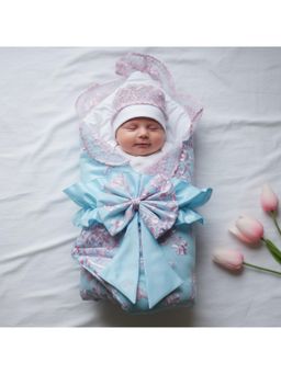 BABY AROOSA - Blue Cotton Embroidered Swaddle With Beanie & Bow (0-6 Months)