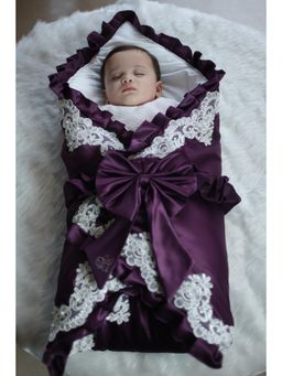 BABY AROOSA - Purple Cotton Solid Swaddle With Beanie & Bow (0-6 Months)