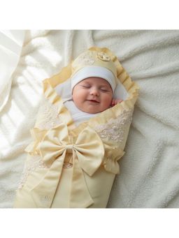 BABY AROOSA - Yellow Cotton Floral Swaddle With Beanie & Bow (0-6 Months)