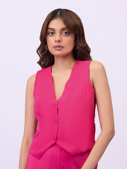 MIXT by Nykaa Fashion - Pink Solid V Neck Crop Waist Coat