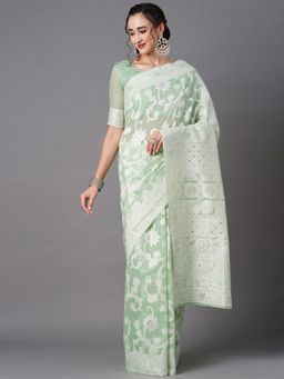 Akhilam - Green Festive Silk Blend Woven Design Saree with Unstitched