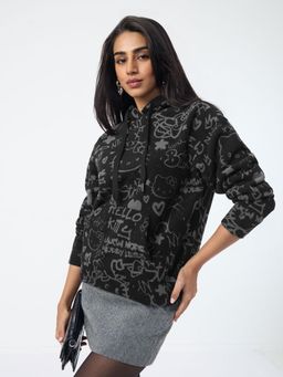 The Souled Store - Official Hello Kitty: Scribbles Women Black Oversized Hoodie