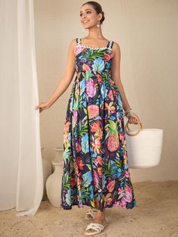 WineRed - Women Navy Blue Tropical Print Cotton Flared Strappy Dress