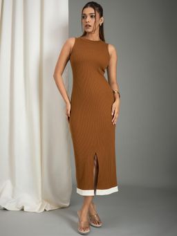 WineRed - Women Khaki Centre Slit Bodycon Midi Dress