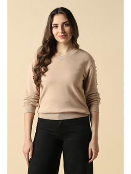 Allen Solly - Women Beige Solid V-Neck Sweatshirt