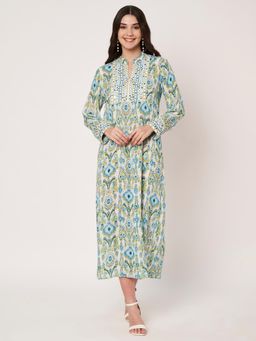 AMAGYAA - Blue Ikat Printed & Embroidered Midi Dress