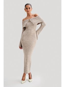 MISS MOSA BY AKANKSHA - Beige Oliana Off Shoulder Woolen Dress