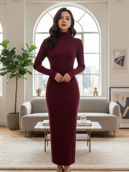 MISS MOSA BY AKANKSHA - Maroon Perry High Neck Knitted Midi Dress