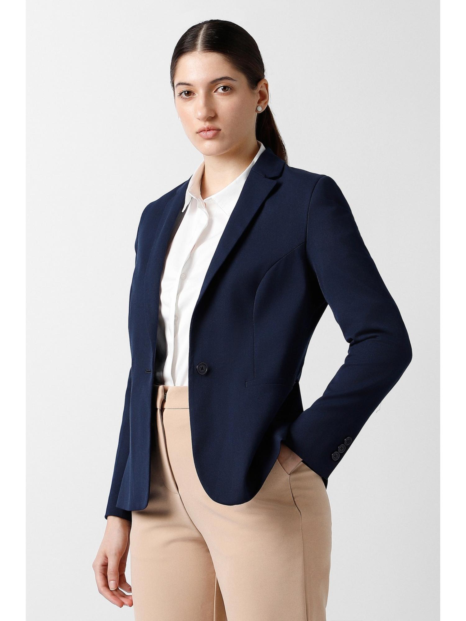 van heusen Women Navy Blue Solid Blazer-picture-28
