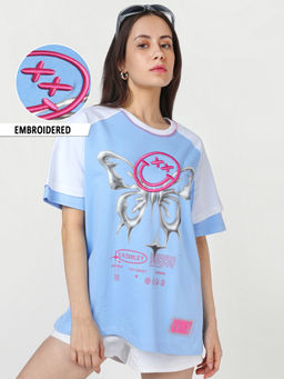 Bewakoof - S.W.Smiley Women Poseidon Blue Embroidered Oversized T-shirt