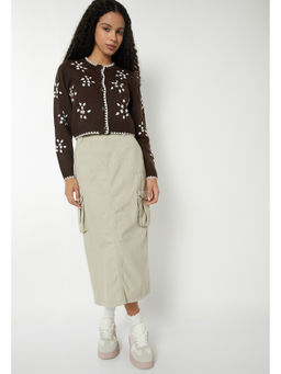 max - Women Brown Floral Embroidered Cropped Cardigan