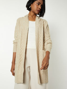 max - Women Beige Knit Hooded Longline Cardigan