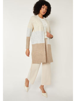 max - Women Beige Knit Colourblock Longline Cardigan