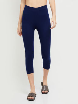 max - Women Navy Blue Solid Elasticated Capri