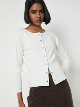max - x Kalki Women White Knit Cardigan