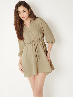 max - Women Beige Solid A-Line Dress with Belt