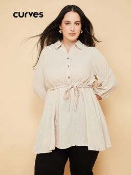 max - Women Cream Solid A-Line Dress with Belt