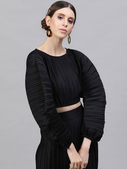 STREET 9 - Black Satin Pleated Crop Top