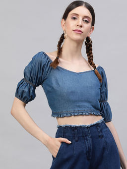 STREET 9 - Blue Denim V-Neck Crop Top