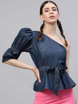 STREET 9 - Blue Denim One Shoulder Top with Belt