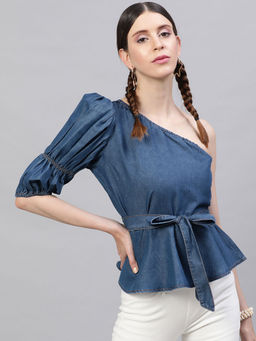 STREET 9 - Blue Denim One Shoulder Top with Belt