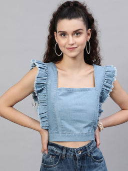 STREET 9 - Blue Denim Frill Crop Top