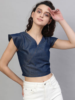 STREET 9 - Blue Denim Smocked Back Crop Top