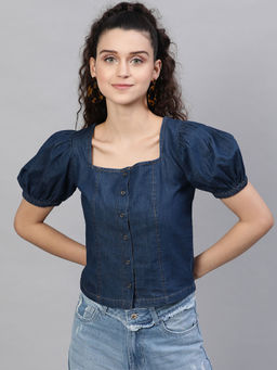 STREET 9 - Blue Denim Puff Sleeve Crop Top