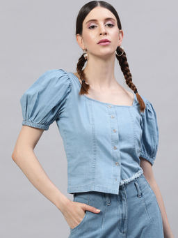 STREET 9 - Blue Denim Puff Sleeve Crop Top