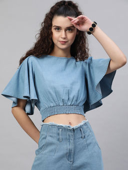 STREET 9 - Blue Denim Puff Sleeve Crop Top