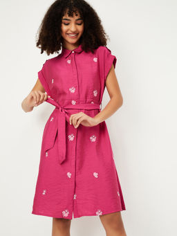 max - Women Pink Floral Embroidered A-Line Dress with Belt