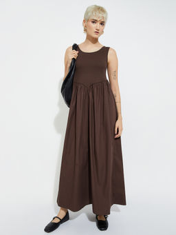 max - ALAYA F x URB_N Women Brown Ribbed Maxi A-Line Dress