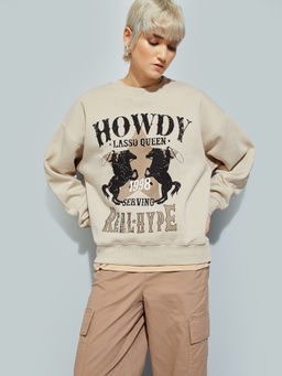 max - ALAYA F x URB_N Women Beige Graphic Print Oversized Sweatshirt