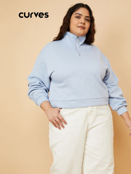 max - ALAYA F x URB_N Women Blue Textured High Neck Sweatshirt