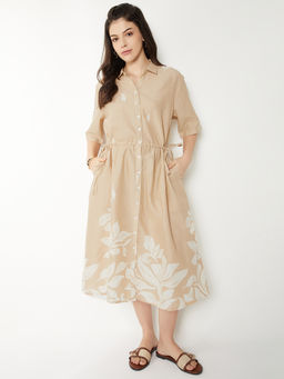 max - Women Beige Floral Print Shirt Dress