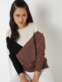 max - Women Beige Colourblocked Sweater