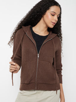 max - Women Brown Knit Hooded Cardigan