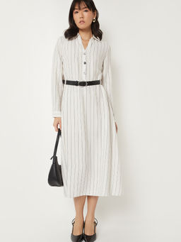 max - Women White Striped Shirt Dress with Belt