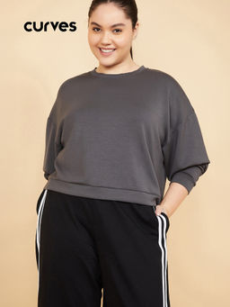 max - Women Grey Solid Buttersoft Boxy Fit Sweatshirt